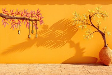 Vivid orange wall, pink & yellow leaves, hanging bells, textured floor