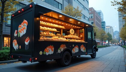 Black sushi truck parked on a city street. The vehicle displays colorful sushi graphics. Shelves inside glow with many baked goods and pastries. This mobile eatery is ready to serve delicious food.