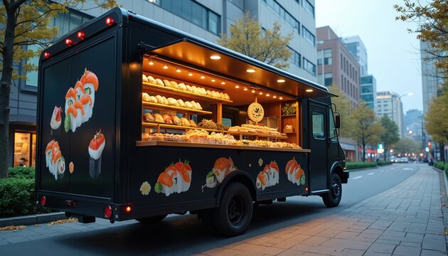 Black sushi truck parked on a city street. The vehicle displays colorful sushi graphics. Shelves inside glow with many baked goods and pastries. This mobile eatery is ready to serve delicious food.