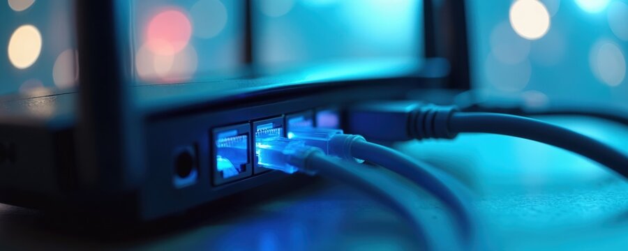 Internet router device blue glowing ethernet ports. Network cables connect to modem. Provides fast wi-fi, data connection for home. Modern tech facilitates digital communication, web browsing,