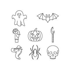 Halloween icons: ghost, bat, pumpkin, spider, skull, and more.