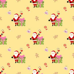 A delightful and cute Christmas seamless pattern featuring happy Santa Claus, festive gift boxes, candy canes, gingerbread man cookies, and hot chocolate mugs on a yellow background. Perfect holiday