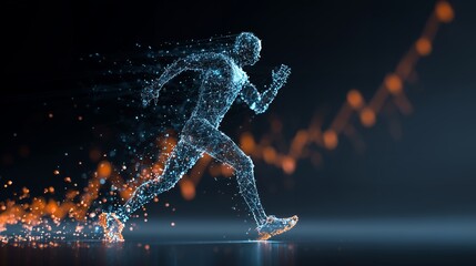 Digital runner constructed with connected dots running fast with upward chart on dark background. Concept for athletic performance, technological advancement and data visualization