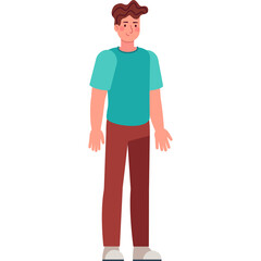 Full Body Cartoon Young Man Standing Wearing Teal T Shirt and Maroon Pants with White Shoes Isolated on Transparent Background