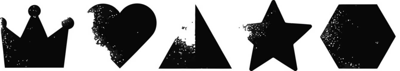 Black Distressed Geometric Shapes Including Crown Heart Triangle Star Hexagon grunge