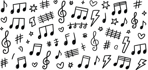 Hand Drawn Music Notes Symbols and Lightning Bolts Scattered on White treble clef staff