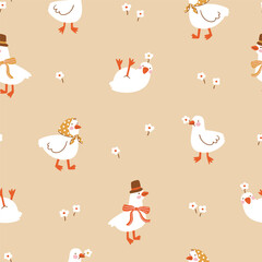 Vector daisy goose seamless pattern. White birds and flowers on beige background. Funny childish animal seamless print design for kids fabric or nurseary wallpaper