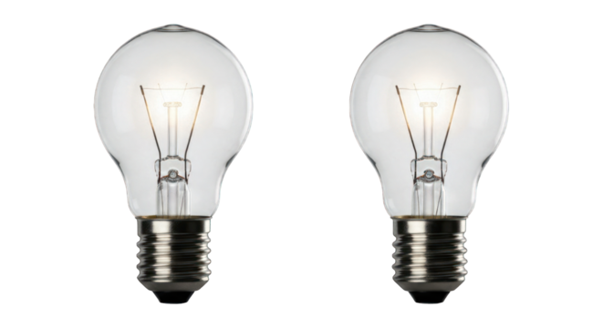 Two clear lightbulbs glow brightly against a dark backdrop