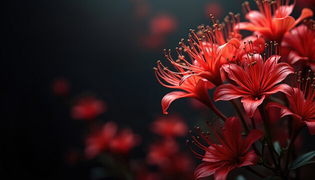 Vibrant red spider lily blooms with dark background. Fine art nature photo displays seasonal flower in contrast color. Decorative wallpaper with closeup view. Floral design element for various art - Powered by Adobe