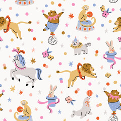 vector circus seamless pattern. Cute animals and stars on the white background. Funny circus print design, seamless texture. Preppy kids fabric design.  
