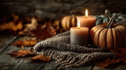 Cozy autumn scene with lit candles and pumpkins on wooden table, surrounded by fallen leaves and warm knitted blanket, creating warm and inviting atmosphere