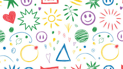 Colorful Hand Drawn Doodles and Shapes Seamless Pattern on White Background vector illustration