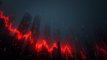 Dramatic cityscape with glowing red financial chart overlay against dark sky, illustrating market decline, concept for investment risk, economic downturn and financial crisis