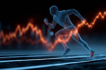 A runner figure made of glowing dots in motion with an energy waveform in the background. Concept for sports analytics, performance tracking and fitness technology