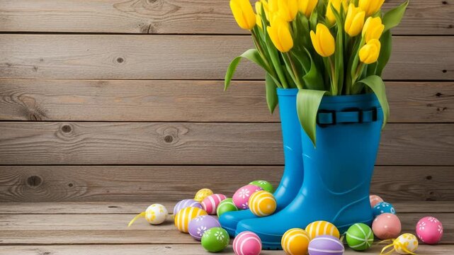 Vivid scene featuring blue boots brimming with yellow flowers, encircled by decorative eggs on wooden surface against a wood-planked backdrop