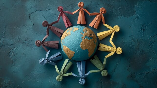 Top view of paper dolls surrounding a globe on textured background, concept for global unity, international cooperation and sustainable development