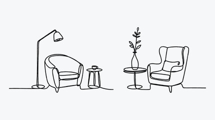 Minimalist Living Room Interior Design Single Line Drawing Illustration Style