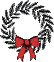Hand Drawn Christmas Wreath with Red Bow on White Background holiday decoration