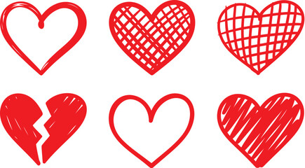 Collection of Six Red Hand Drawn Hearts in Various Styles on White Background love romance