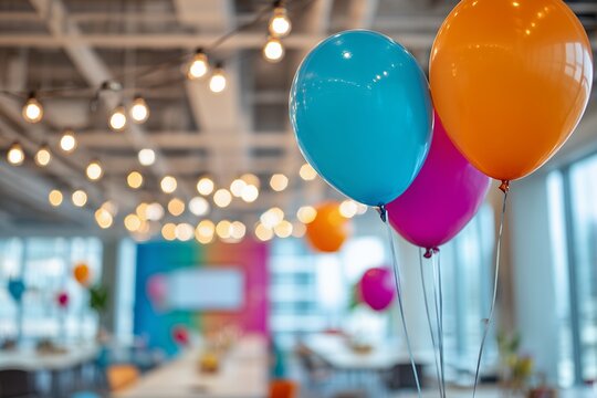 Colorful balloons float in a modern office space with blurred string lights and a vibrant wall mural, concept for celebratory workplace events, cheerful team building and festive office decoration