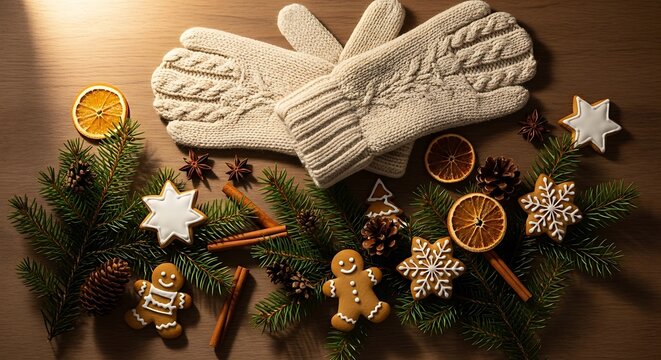 Cozy winter scene with knitted gloves, gingerbread cookies, dried oranges, and pine branches, evoking a festive holiday spirit.