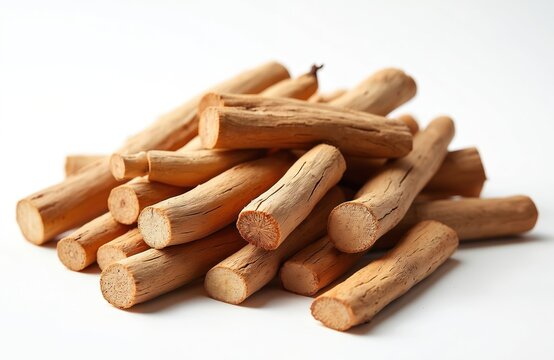 Pile of fragrant sandalwood sticks on pure white background. Natural wood pieces widely used for incense, perfume, traditional medicine, Ayurvedic healing therapy. Distinct light brown color, rough