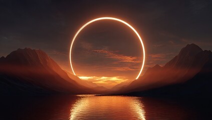 3d render of a golden ring glowing in the sky over mountains and a lake at sunset. minimalist, futuristic scene with a neon light effect. abstract background for product presentation. 