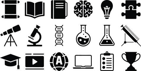 Black Silhouette Icons for Science Education and Achievement scroll icon open book icon