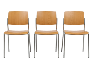 Three wooden chairs with metal legs stand side-by-side on a black backdrop