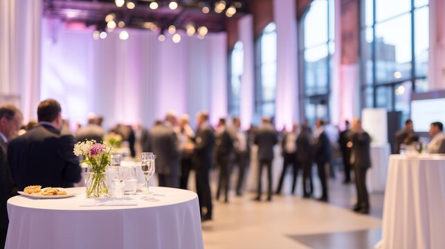 Blurred view of cocktail party in hall with flowers, drinks and people in suits. Concept for corporate event, business networking and social gathering.
