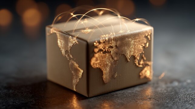Close-up shot of a box with a glowing world map and connecting golden lines on a dark surface. Concept for global trade, international logistics and worldwide shipping