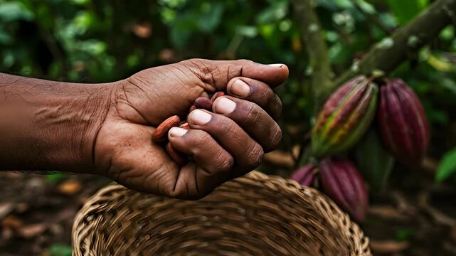 Close up of hand examining cocoa pods in orchard during daylight