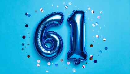 Blue balloon number 61 with confetti on solid colored background. Photo for anniversary or birthday party