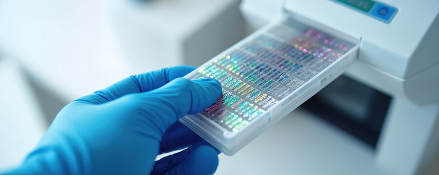 Close-up of gloved hand presenting next generation sequencing flow cell. Advanced medical device analyzes DNA strands within sample tray. Focus on precision, innovation in genetic research,