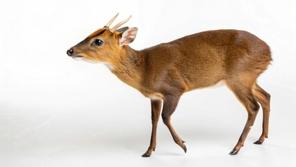Realistic Muntjac deer on white studio background, small slender body with short antlers and reddish-brown fur, detailed wildlife portrait, sharp focus, professional lighting