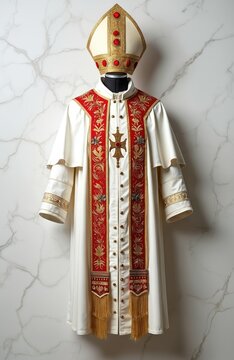 Pontifical vestments featuring a white cassock, a red mozzetta adorned with gold embroidery, and a miter hat. The attire signifies religious authority and tradition in Catholicism.