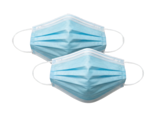 Two blue surgical masks stacked, close-up, on a black background