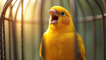 Fototapeta premium Yellow canary bird sings loudly from metal cage. Beak open wide, vocalizing beautiful song. Warm sunlight glows on bright golden feathers. Small domestic pet bird captive. Image freedom, longing,