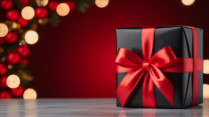 Black Gift Box with Red Ribbon and Bow on Marble Surface with Christmas Lights present