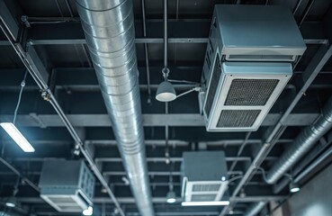 Obraz premium Commercial hall ceiling features modern ventilation system. Air conditioning units, metal ducts provide climate control for large spaces. Exposed pipes, cables, lights show building infrastructure,
