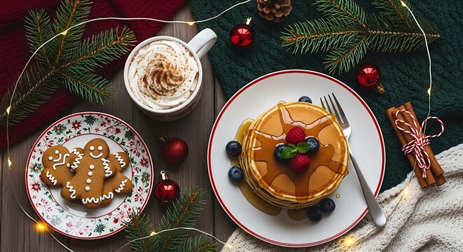 A festive Christmas morning breakfast featuring gingerbread cookies and pancakes with berries and whipped cream coffee.