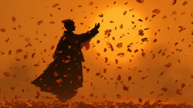 Silhouette of person joyfully dancing among falling autumn leaves against warm, golden sunset background, creating serene and magical atmosphere