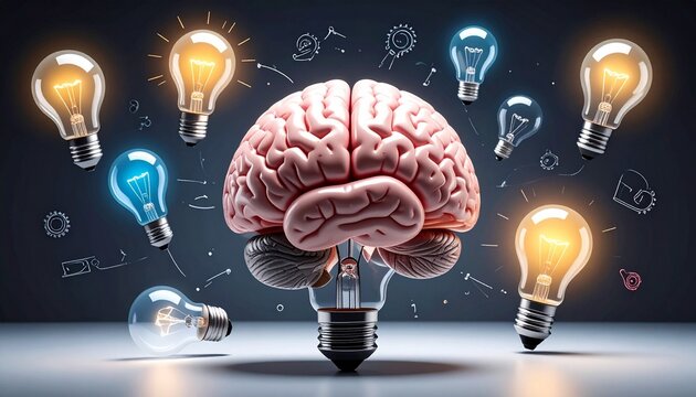 Stylized illuminated brain with light bulb base surrounded by glowing bulbs and scientific icons on dark background for editorial innovation photography intellectual creativity and technology-themed v