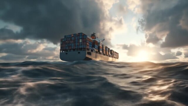 A large cargo ship navigates choppy waters during a dramatic sunset. - Powered by Adobe