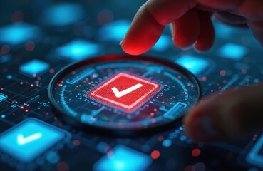 Human finger interacts with modern digital screen, pressing bright red checkmark button. Magnifying glass helps analyze secure online approval process. Advanced tech system validates critical data,