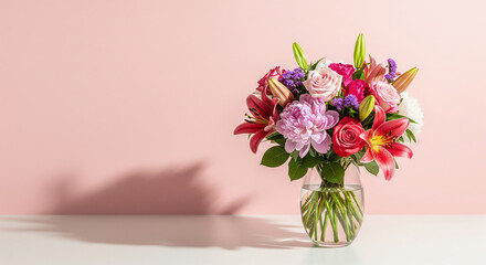 Naklejka premium An elegant bouquet of colorful flowers in a glass vase against a soft pink background, a perfect minimalist design for celebrations or interior decor