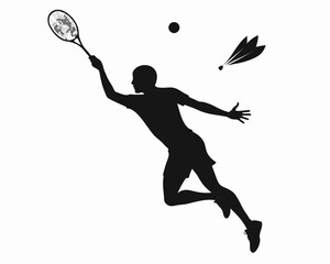 Dynamic badminton player in action silhouette hitting shuttlecock for sports advertising