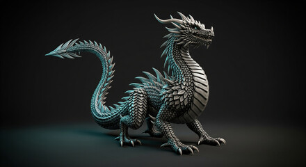 Obraz premium A powerful and detailed silver dragon statue on a dark background, a perfect concept for fantasy, mythology, and strength