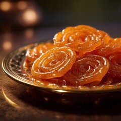 Jalebi on an ornate golden plate. Rich texture, warm lighting, and cinematic close-up capture the authentic beauty of this traditional Indian dessert in a luxurious style.