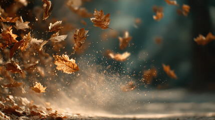Falling autumn leaves dance in air, creating magical scene with warm colors and soft light. motion and dust add dynamic, enchanting feel to forest path